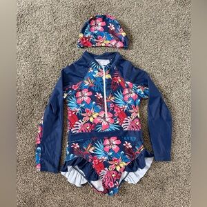 Girls Long Sleeve Swimsuit /Rash Guard W/Cap - One-Piece Bathing Suit Size 10
